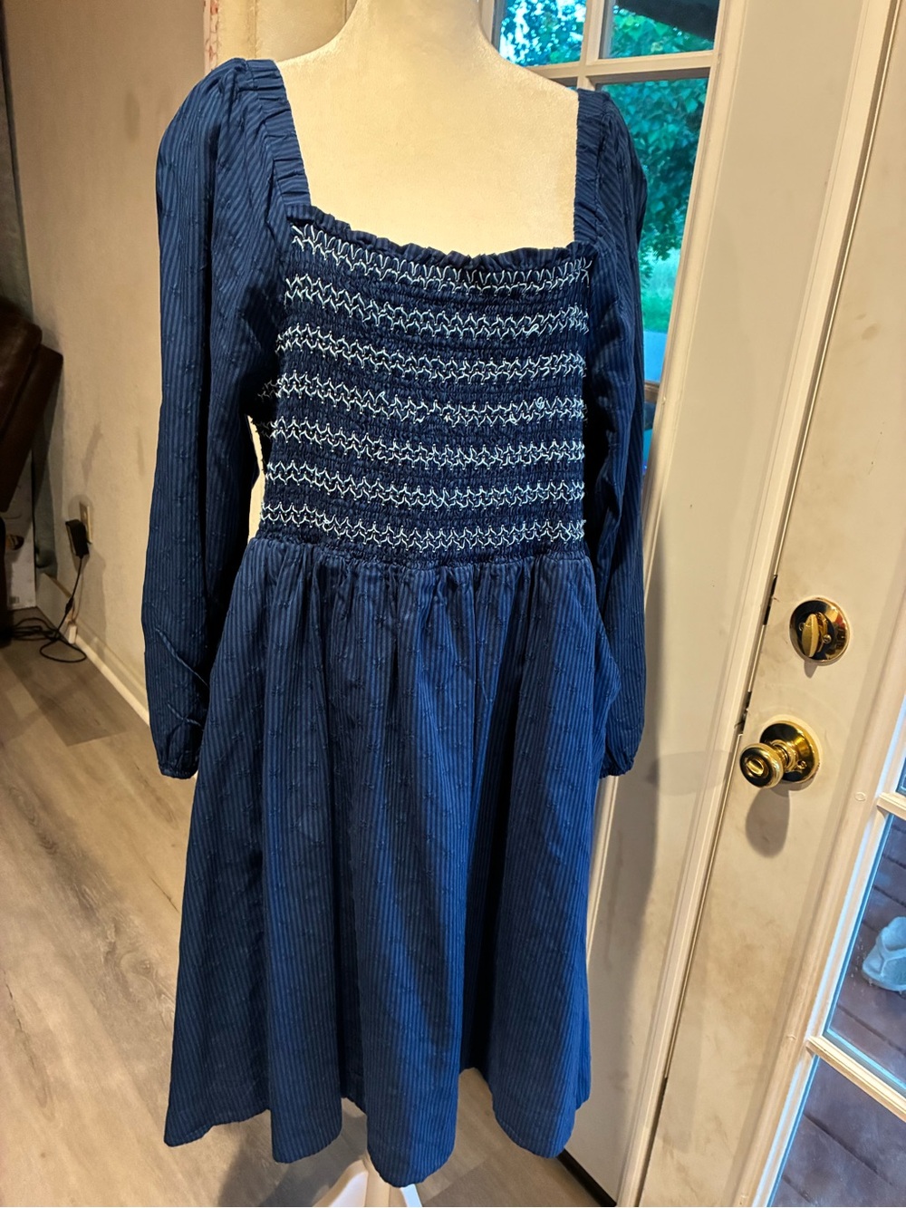 Draper James Navy Blue Smocked Square-Neck Casual Dress